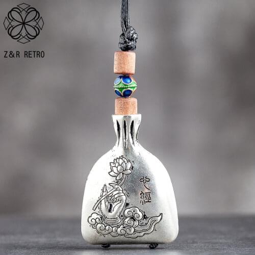 Vintage Silver Color Bag Pendants Long Necklace Women Lotus Flower Jewelry Black Rope Chain Suspension Jewellery 2021 Alloy Bead