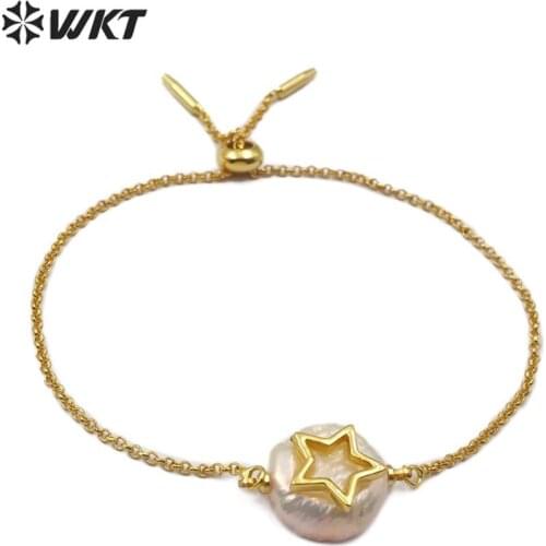 WT-MB112 natural freshwater pearl with cz Bracelet star crescent cross shape pearl Bracelet adjustable charm gold Bangle Jewelry