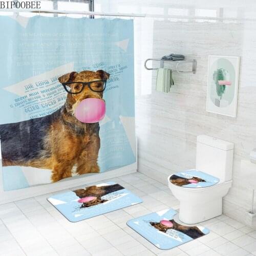 Blowing Bubble Puppy Printed Shower Curtain Funny Dog Bathroom Curtains Bath Mats Rugs Flannel Carpet Toilet Cover Anti-slip Rug