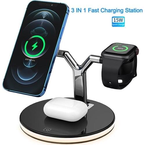 3 in 1 Fast Charging Station 15W Magnetic Wireless Charger for iPhone 12 Pro Phone Chargers for Airpods Apple Watch iWatch