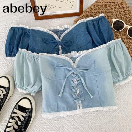 Temperament slash neck puff sleeve Shirt lace patchwork cross bandage high waist short Shirt Top 2021 New Summer