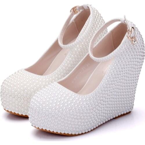 Crystal Queen Woman Platform Wedges White Ivory Pearl Crystal Rhinestone Wedding Bridal Shoes High Heels Pumps Wedges 11.5cm