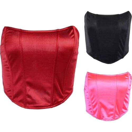 Women Sexy Strapless Satin Bustier Off the Shoulder Corset Crop Top Shiny Solid Color Sleeveless Cami Upper Underwear