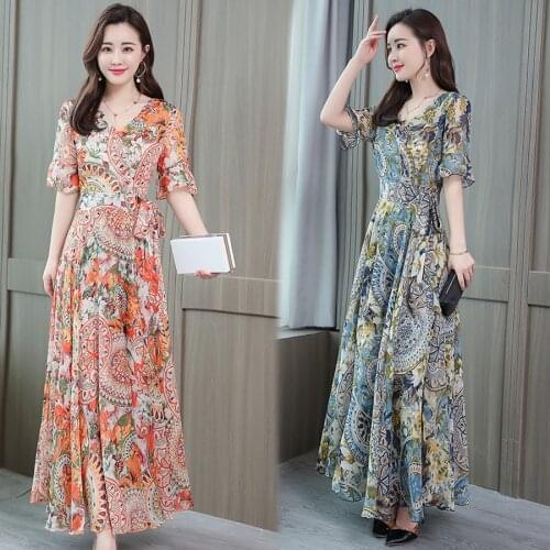 2021 Elegant Floral Chiffon Boho Maxi Dress Summer Vintage 4XL Plus Size Casual Beach Midi Sundress Women Bodycon Party Vestidos
