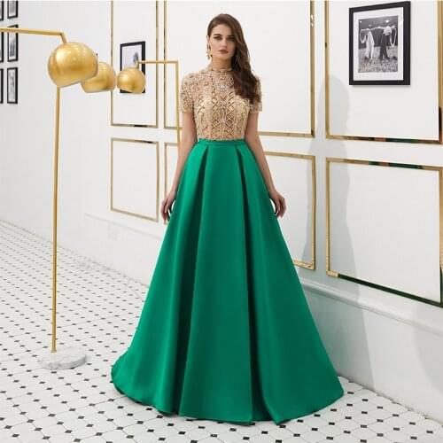 2019 Robe De Soiree A-line Prom Dresses Short Sleeves Contrast Color Dresses High Neck Delicate Beaded Formal Party Prom Gowns