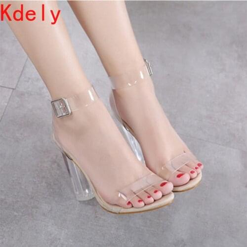 2021 Womens Sandals Ankle Strap High Heels PU Clear Crystal Transparent Classic Buckle High Quality Women Shoes Size 34-42