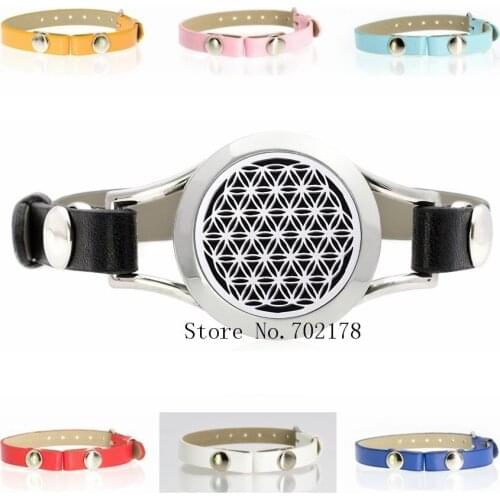 316L stainless steel flower of life 25mm diffuser Locket with colorful PU leather Bracelets for Women Men perfume bangle 10pads