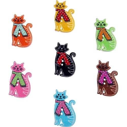 50PCS Wooden 31mm Cat with Scarf Buttons DIY Crafts Embellishments Card Toppers