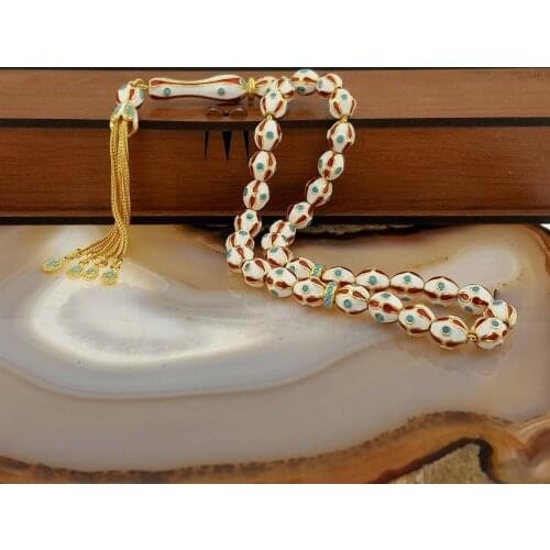 925 Sterling Silver White Enemal 33 Piece Tasbih Special Design Islamic Gift, Masterwork Muslim Prayer Beads Masbaha, Subha