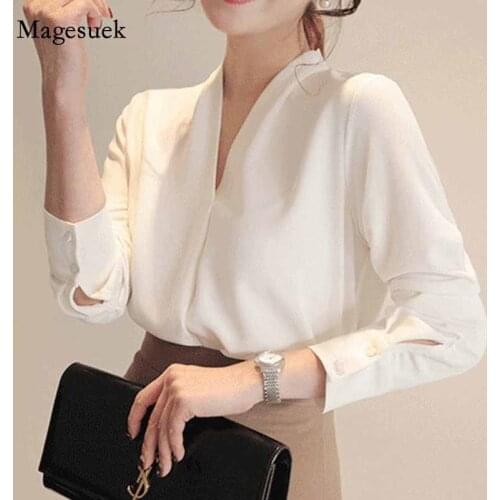 Deep V-neck Korean Style Summer New Long Sleeve White Chiffon Blouse Female 2020 Ol Wild Loose Socialite Womens Tops 9382 50