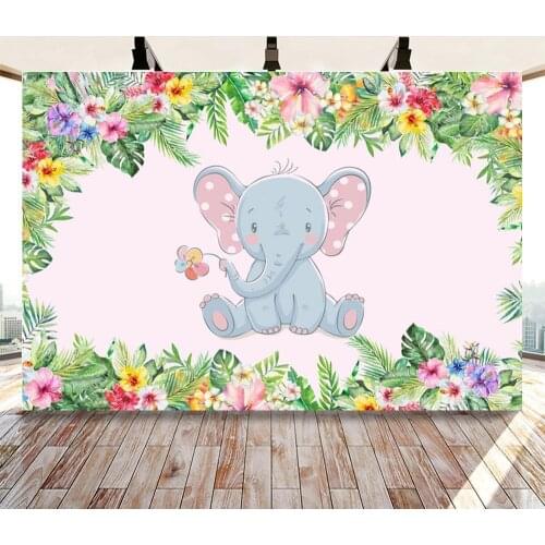 Spring Jungle Forest Cute Little Elephant Baby Shower Photography Backdrops Floral Pattern Girl Birthday Photo Backgrounds