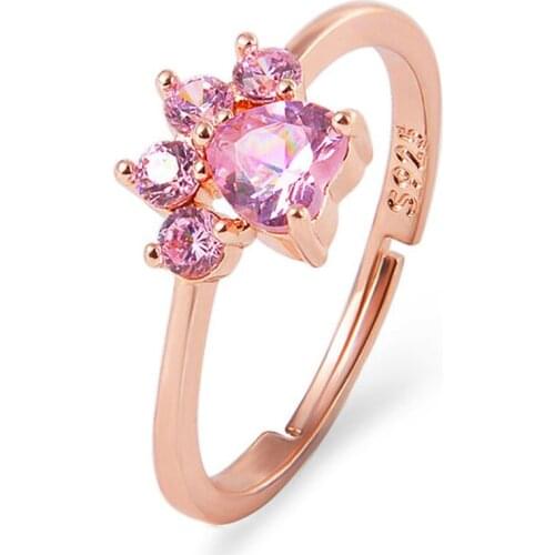 JewOrna Cute Cat Foot Pink Stone Rings Copper Jewelry For Women Resizable Size Clear Crystal Accessory Ring Free Shipping JOR064