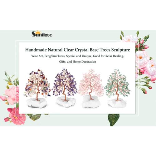 Sunligoo 1pc Natural Stone Feng Shui Bonsai Money Tree on Clear Quartz Cluster Base for Protection Healing Home Decor 5.51-6.29"