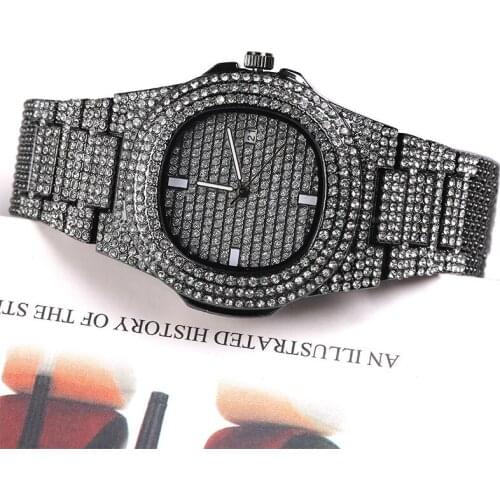 FANHHUI Hip Hop Mens Watches Date Quartz Wrist Watches Gold Color Stainless Steel Watch Link Chain Bracelet For Men Jewelry