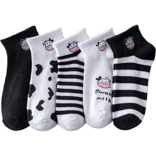 5 Pair Cow Printing Socks Women Kawaii Calcetines Summer Cute Breathable White Socks Set Stripe Soft Street Sokken Chaussettes