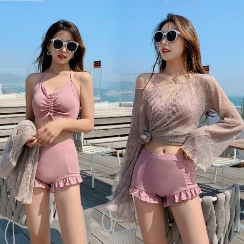 2021 New Korean Women Swimwear Sexy Drawstring Strappy Bikini Swimwear Two Piece Swimsuit Solid Gauze Bikini Push Up Biquini