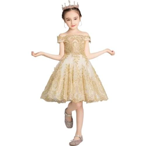 New Princess Dress Girls Wedding Dress Sleeveless Evening Dress Gold Thread Dress For Girls Prom Dress