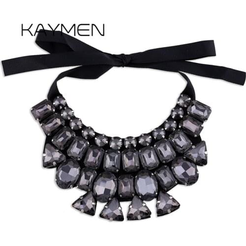 KAYMEN New Especial Design Nonwovens Inlaid Glass Crystals Chokers Necklace for Women 2 Colors Statement Necklace Pendant Bijou