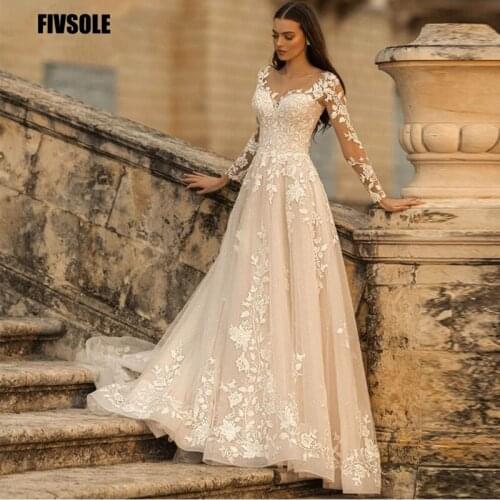 Charming Applique Glitter Tulle Wedding Dress Long Sleeved Scoop Neck Vintage A Line Bridal Gown Lace-up Open Back Elegant Ivory