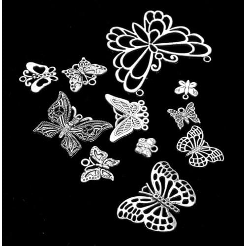 Wholesale 12 Assorted Antique Butterfly Insect Charms Pendant Findings Necklace Earring Dangle Pendant