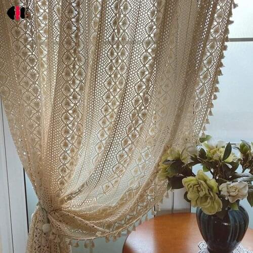 Retro Boho Chic Beige Crochet Knitting Sheer Curtains for Kitchen Hollowed Parlor Villa Cafe Patio Tassel Wedding Decoration