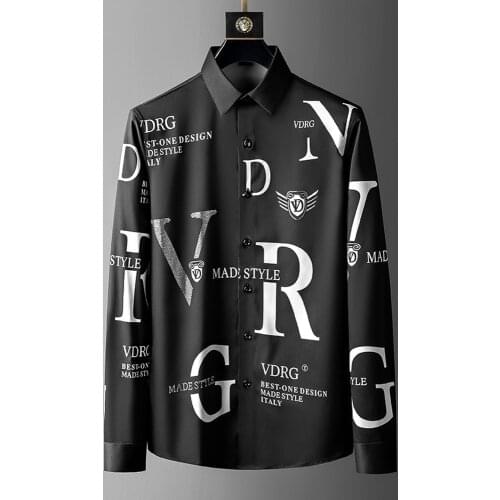 Rhinestone Letter Shirts Men Long Sleeve Business Casual Shirt 2021 Spring Slim Streetwear Dress Social Nightclub Chemise Homme
