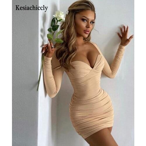 Kesiachiccly Sexy Strapless Full Sleeve Bodycon Dresses For Women Skinny Slim Pleated Party Dress Female Clubwear Dress Vestidos
