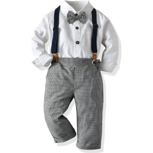 Spring Autumn Boys Clothes Baby Wedding Dress Fashion Party Solid Shirt + Plaid Pants with Belt Kids Outerwear Set 1-6 Years