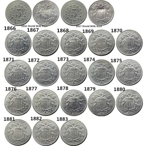US A Set OF (1866 -1883) 20PCS Five Cents Nickel Copy Coins