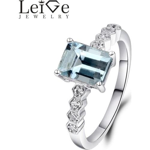 Leige Jewelry Natural Aquamarine Ring Emerald Cut 925 Sterling Silver Rings for Women Wedding Anniversary Gift March Birthstone