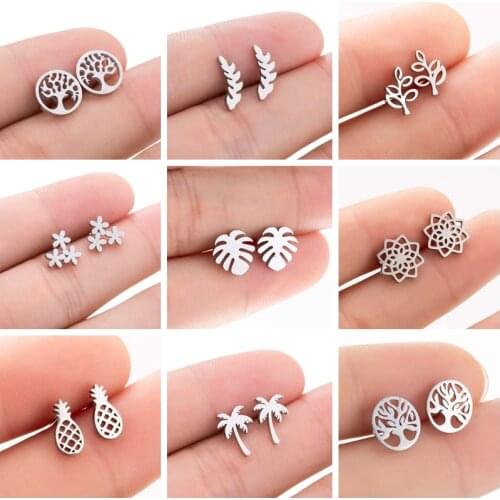 Vintage Black Stainless Steel Earrings Jewelry for Women Girls Cute Gold Color Flower Earing Tree Stud Earrings Girls Gift