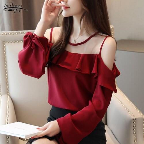 2021 Autumn Solid Color Mesh Chiffon Shirt Women Office Elegant Lantern Long Sleeve Blouse Women Off Shoulder Ladies Tops 10895