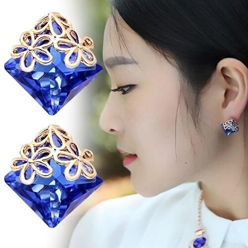 Korean Style Womens Flower Crystal Clear Rhinestone Royal Blue Ear Stud Earrings