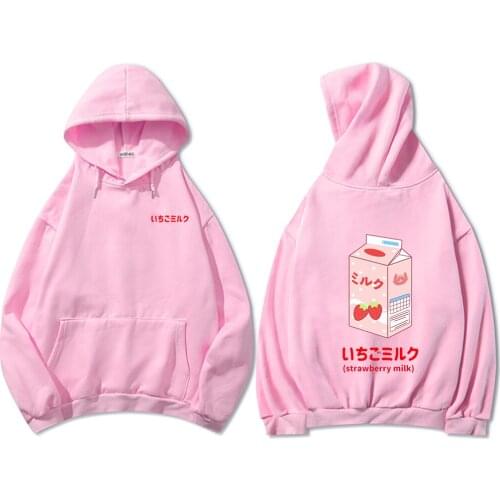 New Winter Warm Plus Velvet Cotton Hoodies Ladies College Cartoon Strawberry Milk Printed Matte Sweatshirts Plus Size Women Tops