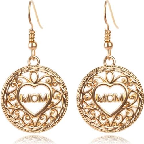 Gold MOM Letter Round Hollow Flower Earrings Simple Mother Eardrop 1 Pair Mothers day Gift