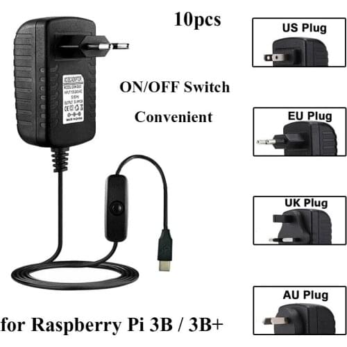 10Pcs Raspberry Pi 3 Model B Power Supply 5V 3A Power Adapter With ON/OFF Switch Button Charger For Raspberry Pi 3 Model B+ 3B