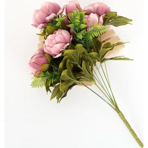 50cm Rose Pink Silk Bouquet Peony Artificial 5 Big Heads 4 Small Bud Bride Wedding Home Decoration Fake Flowers Faux