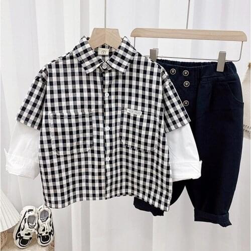 Black and White Plaid Shirt for Boy Shirt Korean Baby Clothes Fake Two Pieces Blouse Shirt Warm Blouses and Shirts Patchwork