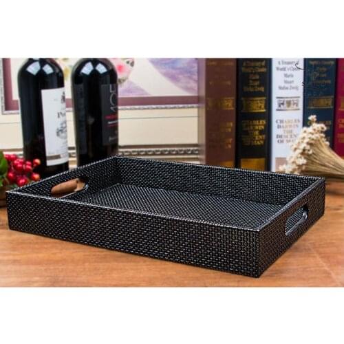 Europe wooden structrue black rectangle PU leather decorative serving trays wooden tray storage tray Cutlery organizer PFT002