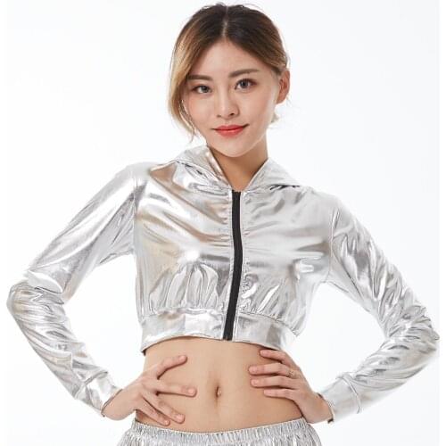 Heroprose Brand Fashion Women Silver short Hip Hop Dance Tops Jazz Stage Performance Dancer Wear With a hood Coat Pretty Jacket