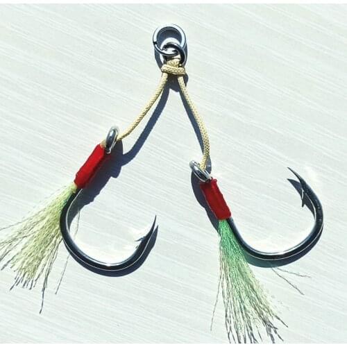 2pairs Mustad hooks 3/0 5/0 7/0 Kevelar line Slow Jig Hook with feather Assist Double Hooks Saltwater INCHIKU Jigging hook