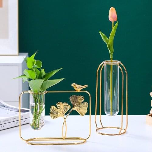 Creative iron flower transparent glass test tube flower insert hydroponic plant vase desktop metal decoration