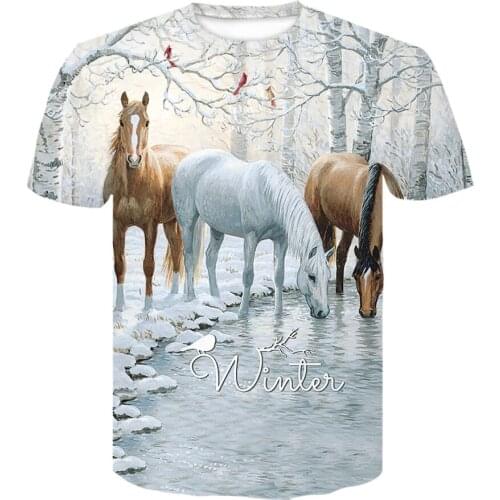 Summer New O-neck Horses in snow animal pattern T-shirts 3d printed Fashion off white T Shirt clothes Men/Women plus size s-6xl