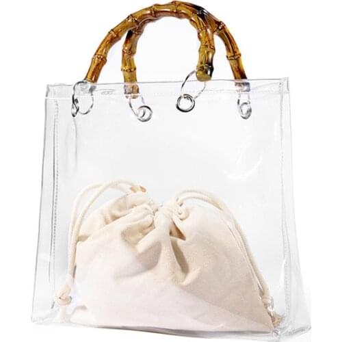 Summer Fashion Transparent Bamboo Top Handle Tote Bag Clear Women Handbag and Purse Beach Brand Designer Lady Pvc Jelly Hand Bag