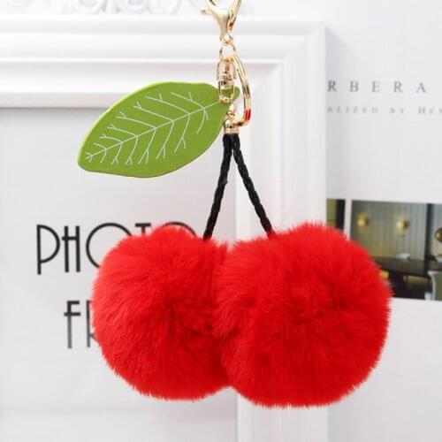 Cute Cherry Car Keychains For Women Girls Rabbit Fur Keyring Holder Fashion Pom Pom Key Chains Rings Charm Bag Pendant Jewelry