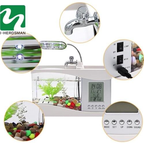 Aquarium USB Mini Aquarium Fish Tank Aquarium with LED Lamp Light LCD Display Screen and Clock Fish Tank Aquarium Black/ White