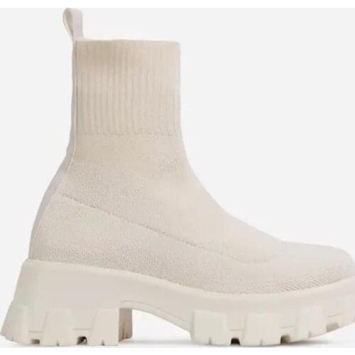 New Autumn and Winter Red Chunky Sole Platform Sock Boots Stretch Fabric Shoes Women Mid-Calf Thick Heel Chelsea Biker Booties58