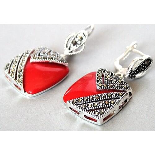 Charm ladys 925 Silver Hook Red Coral Marcasite Square Earrings 1"