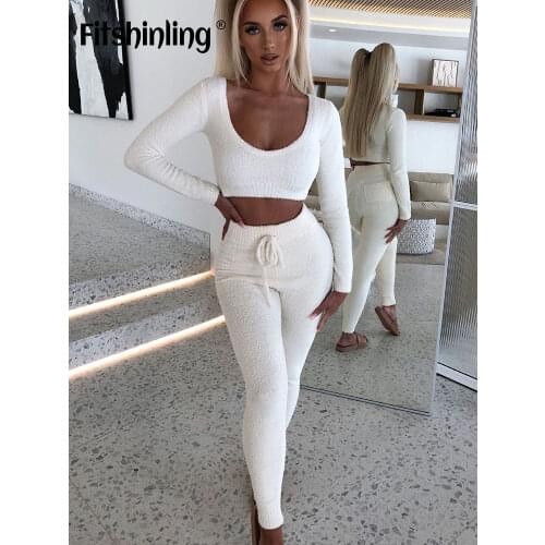 Fitshinling Plush Knit Home Suit For Women Matching Sets Loungewear Fitness Slim Sexy Two Pieces Outfit Soft Clothes Female Sale