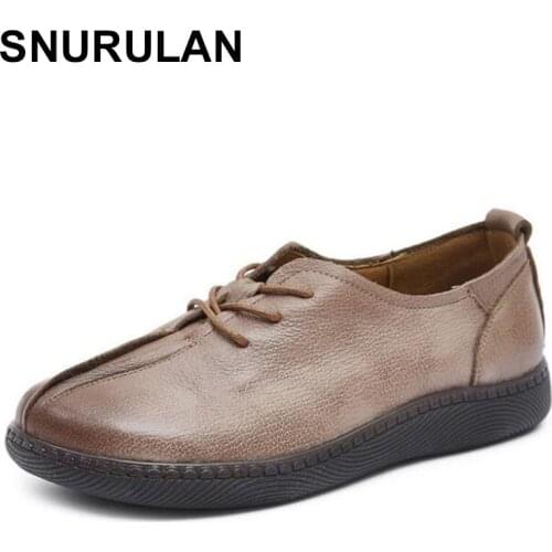 SNURULAN lace up cowhide soft bottom cowhide women genuine leather shoes flat shoes casual sneakers elegant comfort women flat